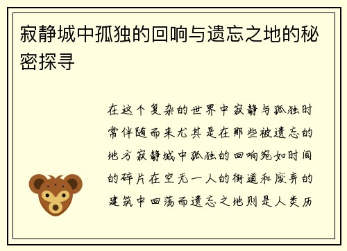 寂静城中孤独的回响与遗忘之地的秘密探寻